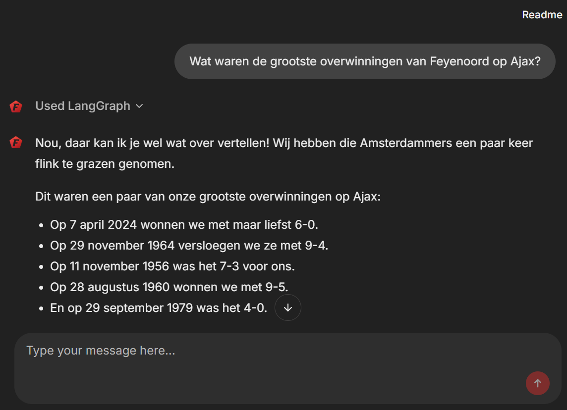 Screenshot van chatbot Fred met een vraag over de grootste overwinningen van Feyenoord op Ajax die beantwoord is met een lijst van vijf wedstrijden.